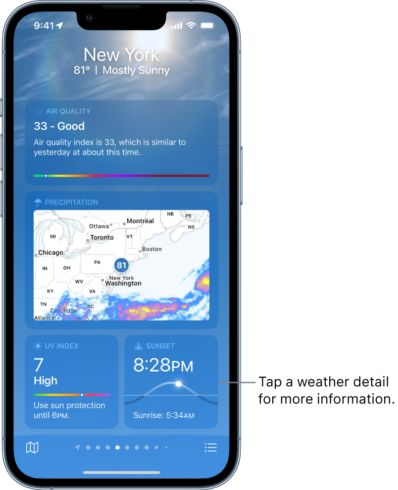 The Weather screen showing the location at the top, and the current temperature and weather condition. Below that are weather details for the following elements; air quality, precipitation, UV index, and sunset.