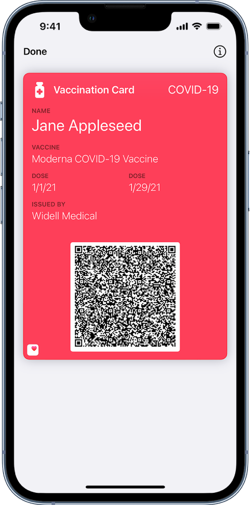 A vaccination card in the Wallet app.