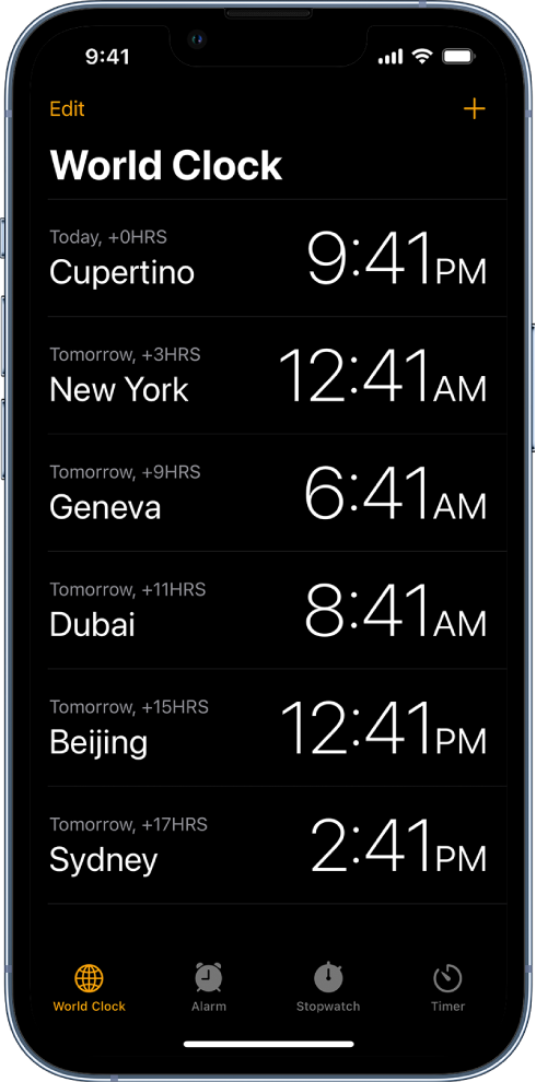 The World Clock tab, showing the time in various cities. The Edit button near the upper-left corner lets you reorder or delete clocks. The Add button near the upper-right corner lets you add more clocks. World Clock, Alarm, Stopwatch, and Timer buttons are along the bottom.