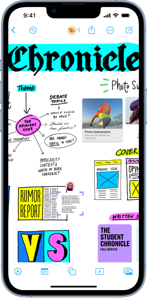 iPhone with the Freeform app open. The board includes handwriting, photos, drawings, sticky notes, and files.