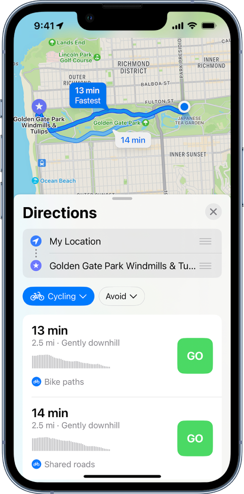 A map showing two cycling routes. The route card at the bottom provides details for the routes, including estimated travel times, elevation changes, and the types of roads. A Go button appears next to each route description.