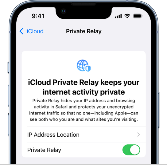 The Settings screen for turning Private Relay on or off.
