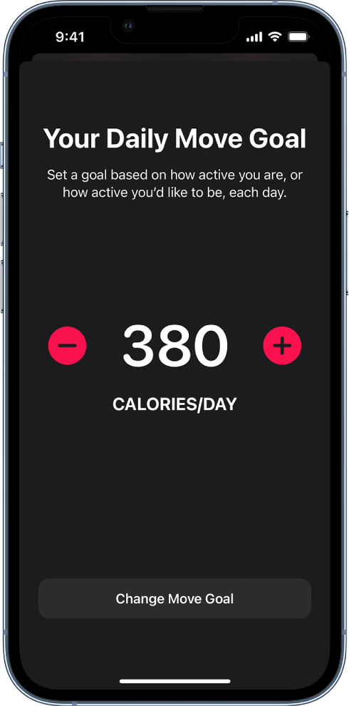 The Change Move Goal screen showing a Move goal and buttons to increase or decrease the goal.