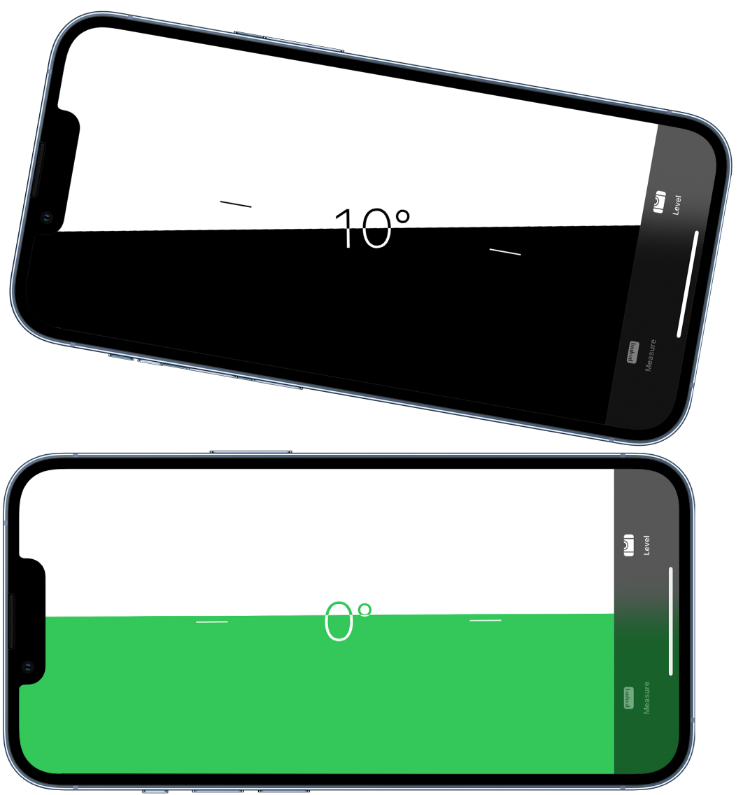 The level screen. On the top, iPhone is tilted at an angle of ten degrees; on the bottom, iPhone is level.