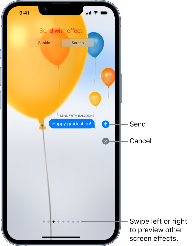 A message preview showing a full-screen effect with balloons.