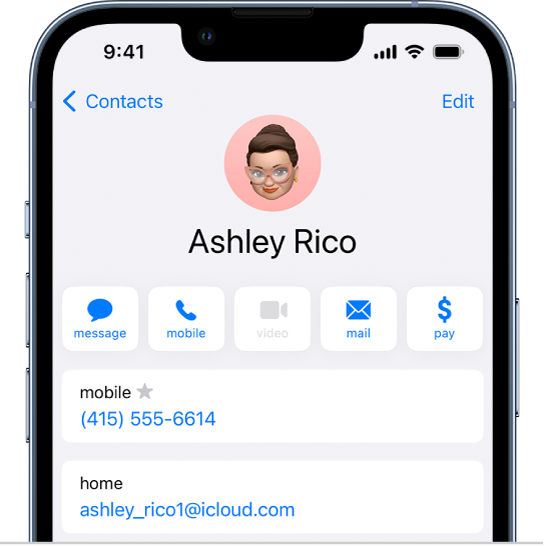 A contact card in the Contacts app.