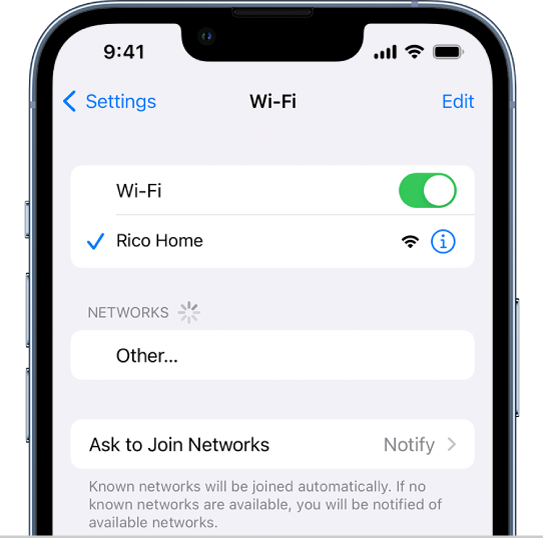 The Wi-Fi options screen in Settings. Wi-Fi is turned on, and a network is selected.