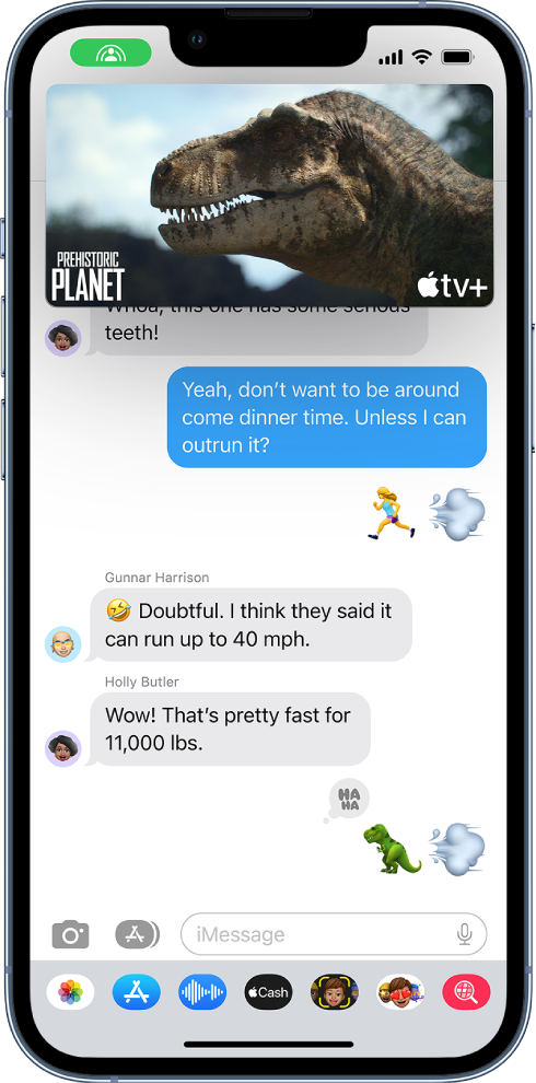 A conversation in Messages with the SharePlay button in the top-left corner and a video playback screen near the top.