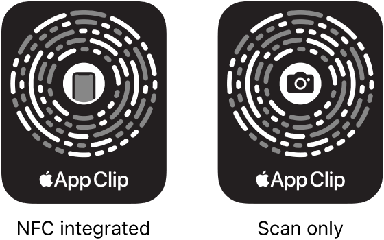 On the left, an NFC-integrated App Clip Code with an iPhone icon in the center. On the right, a scan-only App Clip Code with a camera icon in the center.