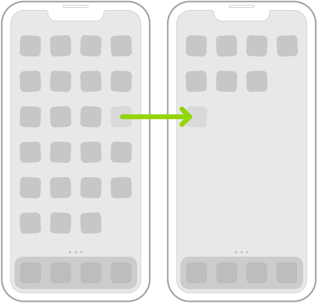 Jiggling apps on the Home Screen with an arrow showing one app being dragged to the next page.
