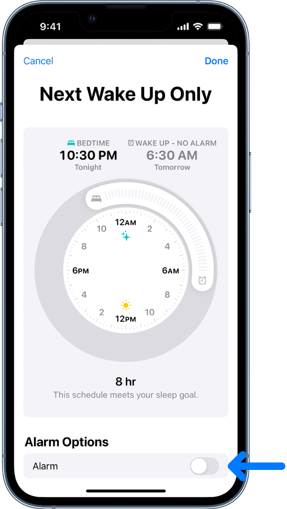 The Next Wake Up Only screen with Alarm turned off at the bottom.