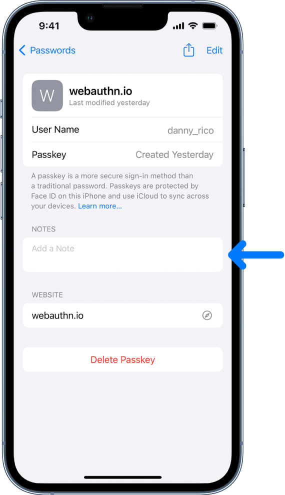 A passkey screen in iCloud Keychain, with information about the passkey and a place to add and view notes.
