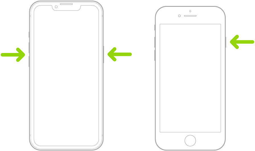 Illustrations of two different iPhone models with the screens facing up. The leftmost illustration shows the volume up and volume down buttons on the left side of the device and the side button on the right. The rightmost illustration shows the side button on the right of the device.