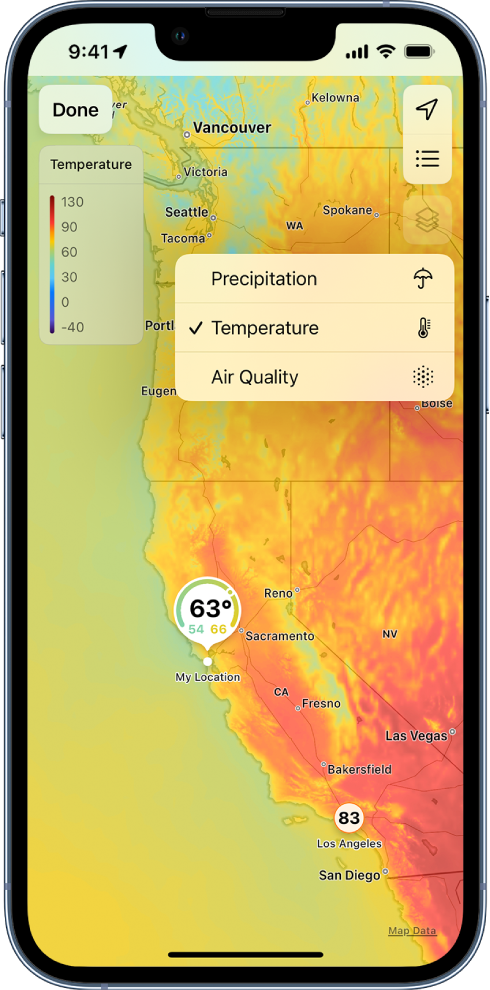 A temperature map of the surrounding area fills the screen. In the top-right corner from top to bottom are the Current Location and Favorite Locations buttons. A menu in the middle of the screen shows the following buttons to change the screen display: Temperature, Precipitation, and Air Quality. In the top-left corner is the Done button.