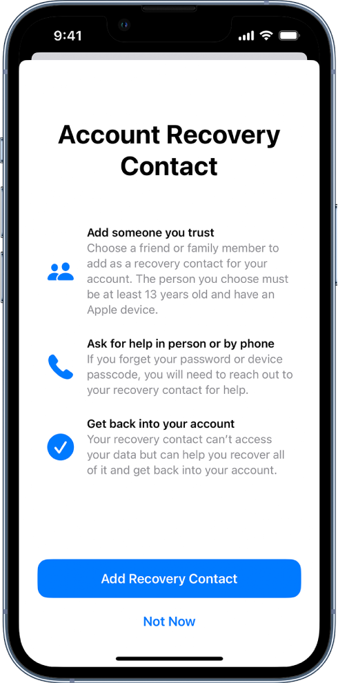 The Account Recovery Contact screen with information about the feature. The Add Recovery Contact button is at the bottom.