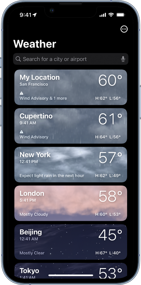 A list of cities showing the time, current temperature, forecast, and high and low temperatures. At the top of the screen is the search field and in the top-right corner is the More button.