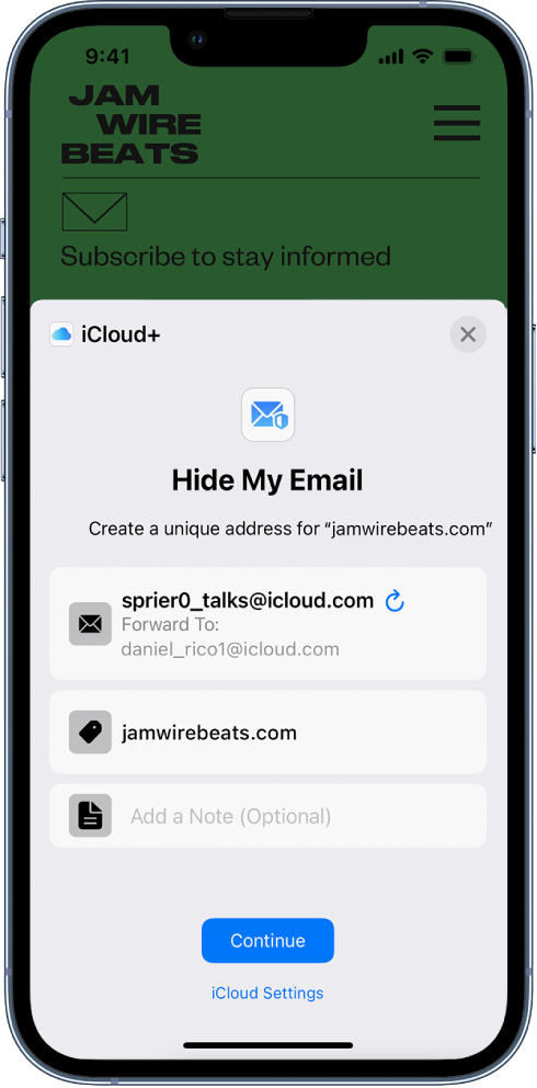 The bottom half of the screen shows the Hide My Email option for iCloud+. It lists the randomly generated email, forwarding address, the website URL, and a note. At the bottom of the screen are a Continue button and link to iCloud Settings.