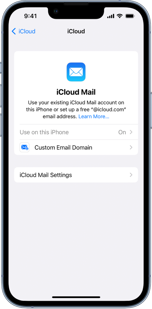 On the top half of the iCloud Mail screen, “Use on this iPhone” is turned on. Below that are options for Custom Email Domain settings, and iCloud Mail Settings.