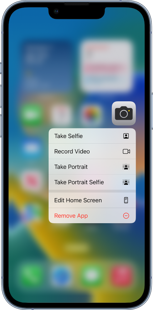 The Home Screen blurred, with the Camera quick actions menu showing below the Camera app.