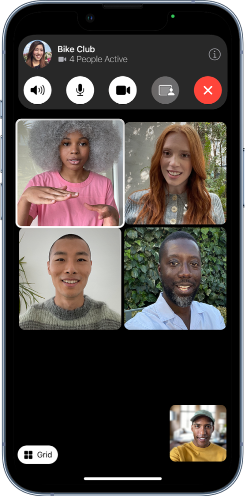 A Group FaceTime call, showing the participants in Grid Layout, with the speaker’s image highlighted.
