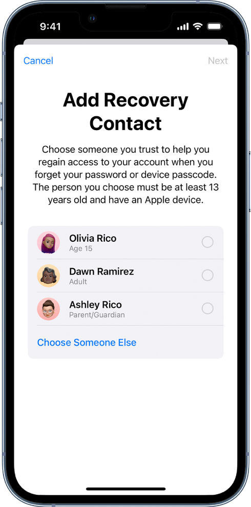 The Account Recovery Contact screen showing suggested contacts to select as a recovery contact, and the option to choose someone else.
