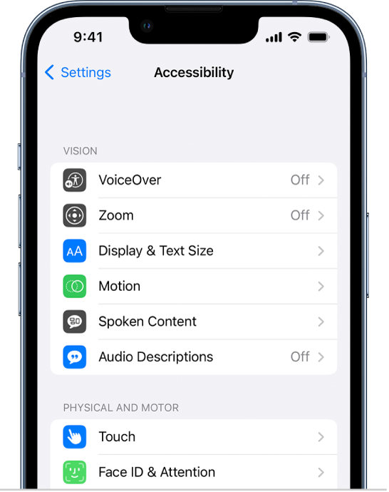 The Accessibility screen in Settings showing the following built-in features, from top to bottom: Vision features including VoiceOver, Zoom, Display and Text Size, Motion, Spoken Content, Audio Descriptions, and Physical and Motor features including Touch and Face ID and Attention.