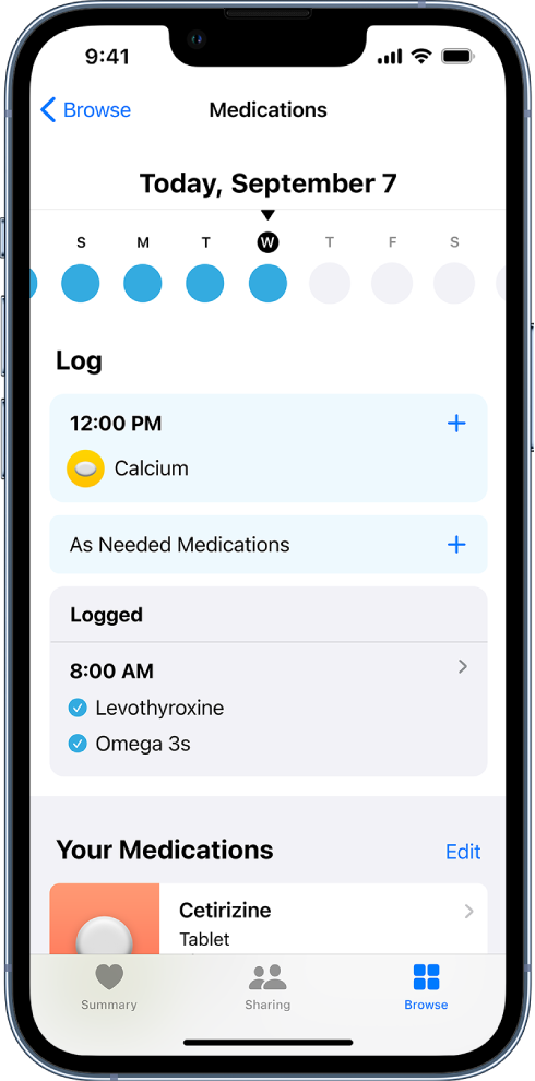 The Medications screen in Health showing a timeline and a log for medications.