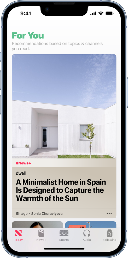The For You section of the Today feed showing a story from a magazine available through Apple News+.
