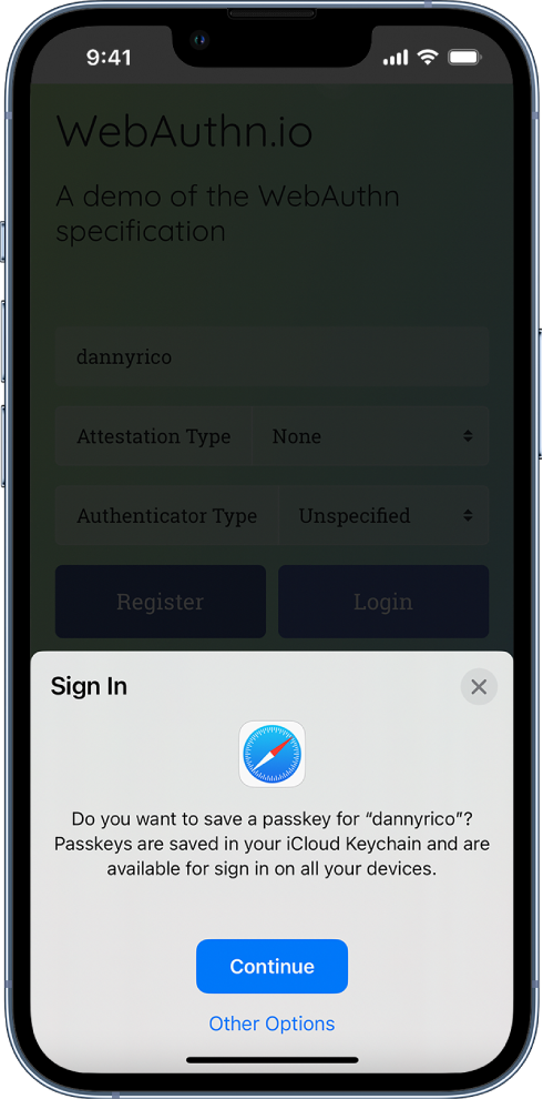 The bottom half of the iPhone screen gives the option to use passkeys to sign in to a website. It has a Continue button to save a passkey, and an Other Options button.