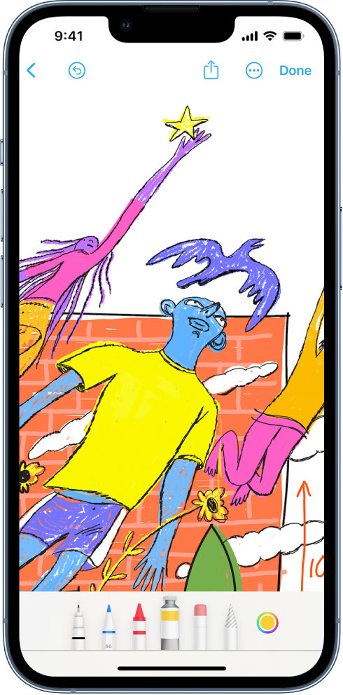 iPhone with the Freeform app and the drawing tools menu open. A drawing is on the board.