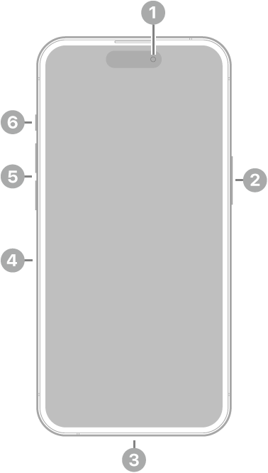 The front view of iPhone 14 Pro. The front camera is at the top center. The side button is on the right side. The Lightning connector is on the bottom. On the left side, from bottom to top, are the SIM tray, the volume buttons, and the ring/silent switch.