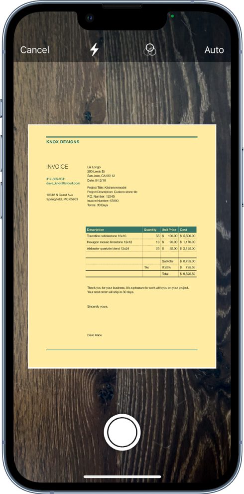 A screen showing a document being scanned. The Take Picture button is at the bottom center.