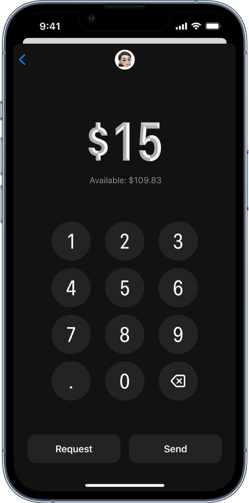 A keypad for entering the amount, with the Request and Send buttons at the bottom.