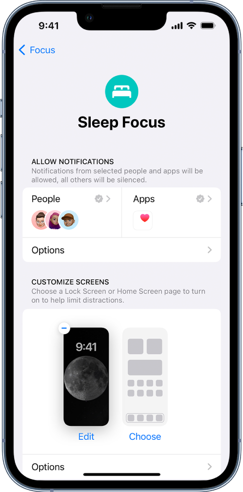 The Sleep Focus screen showing three people and one app are allowed to send notifications.