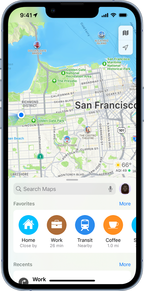 The Maps app, showing four favorite places at the bottom of the screen.