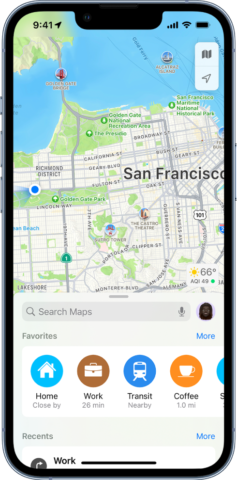 The Maps screen showing the search field in the lower half of the screen. Below the search field are the following locations saved as Favorites: Home, Work, Transit, and Coffee.