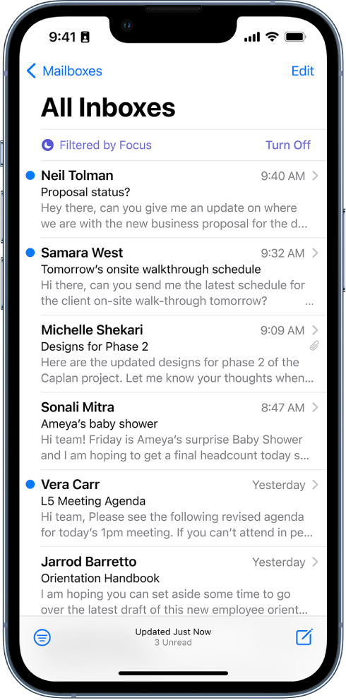 The Inbox, showing a list of emails. Above the list of emails is the label Filtered by Focus, and to the right of that it says Turn Off.