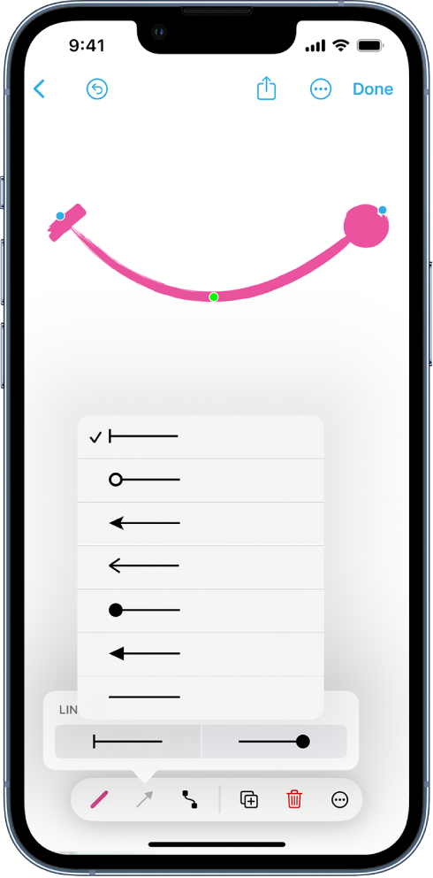 A Freeform board with a curved line selected and the formatting tools visible. A menu for selecting the style for the start and end of the line appears above the formatting tools.