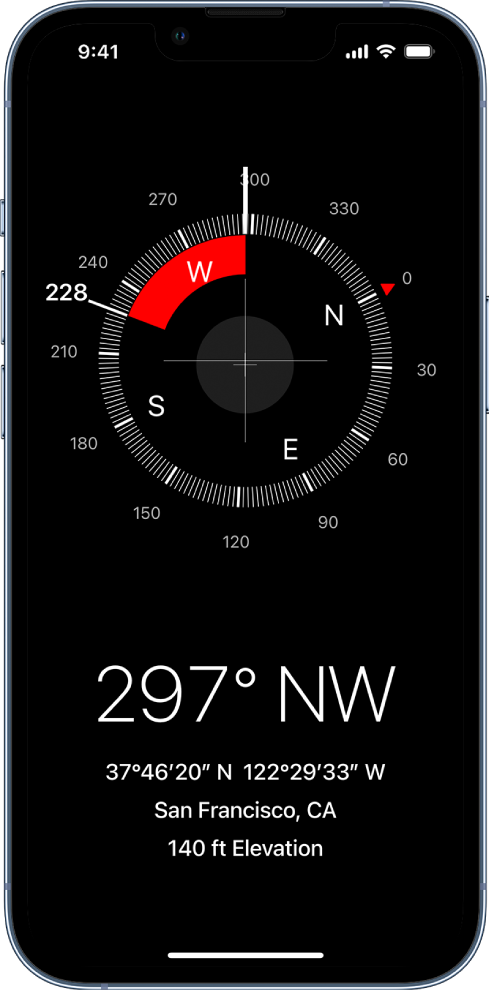 The Compass screen showing the direction iPhone is pointing, your current location, and elevation.