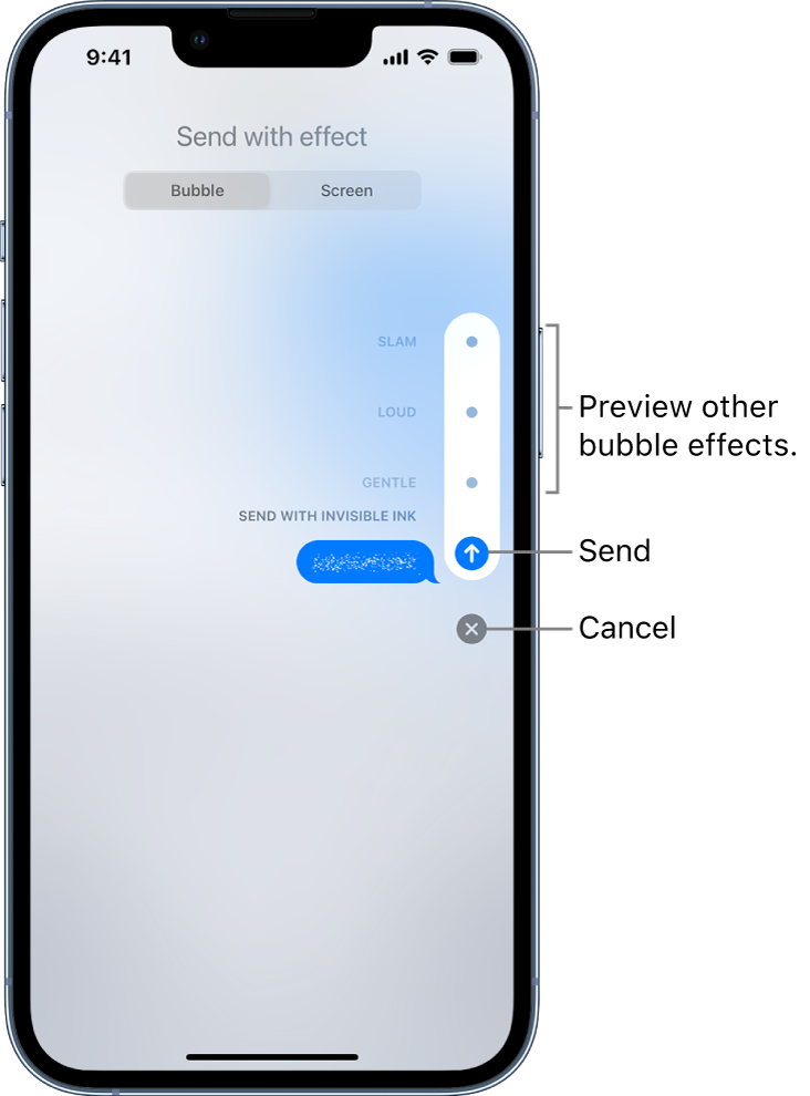 A message preview with the Invisible Ink effect. Along the right, controls show previews of other bubble effects and Send and Cancel buttons.