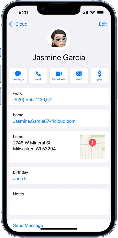 The info screen for a contact. At the top is the contact’s photo and name. Below are buttons for sending a message, making a phone call, making a FaceTime call, sending an email message, and sending money with Apple Pay. Below the buttons is the contact information.