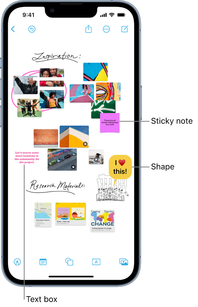A Freeform board with drawings, text boxes, videos, photos, sticky notes, and more.