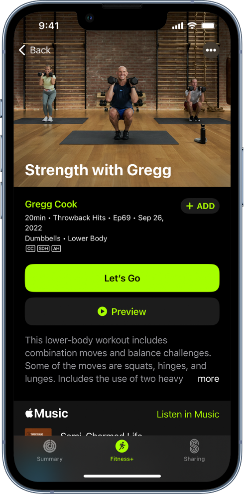 The Apple Fitness+ screen showing a workout. An image of trainers performing a workout is at the top of the screen. The title of the workout and the name of the trainer leading the workout are in the center. The buttons to start and preview the workout are above the workout details. Below the start and preview buttons is a description of the workout. A song featured in the workout is toward the bottom of the screen.