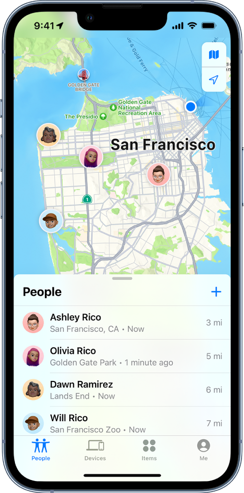 The Find My screen showing the People list and their locations on a map of San Francisco.