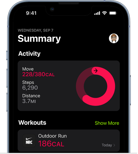 The summary screen in Fitness, showing the Activity and Workouts areas.