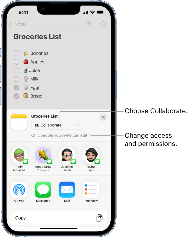 A grocery list in Notes with a collaboration invitation, showing Collaborate for the share option and “Only people you invite can edit” as the access and permission setting. Four possible recipients, including one group of two people, form a row below that. The bottom row offers different ways to share the note: AirDrop, Messages, Mail, and Reminders.