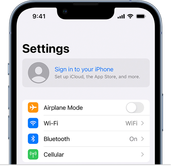 The Settings screen, with Sign in to your iPhone selected.