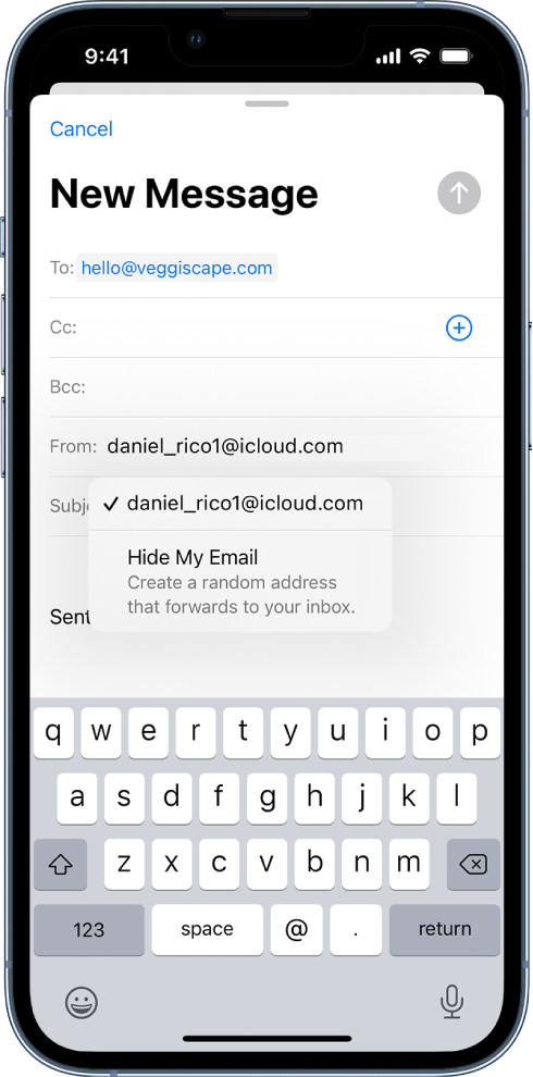 A draft email being composed. The From field is selected with two options listed below it—a personal email address and Hide My Email.
