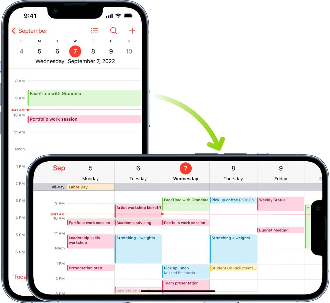 In the background, iPhone displays a Calendar screen, showing one day’s events in portrait orientation; in the foreground, iPhone is rotated to landscape orientation, which displays the Calendar events for the whole week containing the same day.