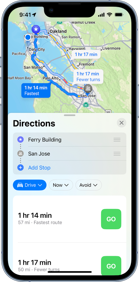 A map showing multiple driving routes between two locations, with the fastest route selected. The route card at the bottom provides details for the routes, including estimated travel times, distance, and a brief description. A Go button appears next to each route description.